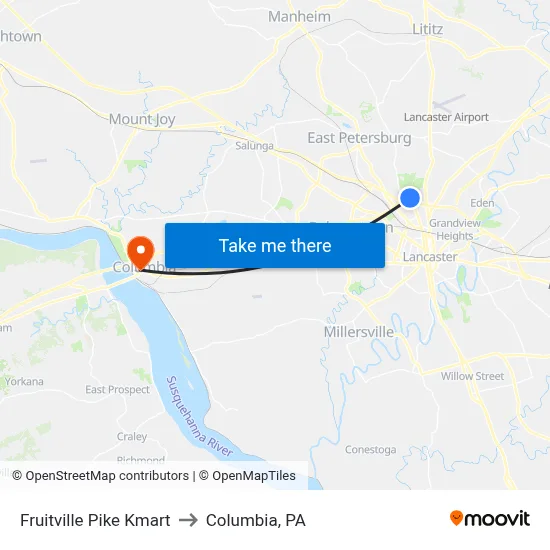 Fruitville Pike Kmart to Columbia, PA map