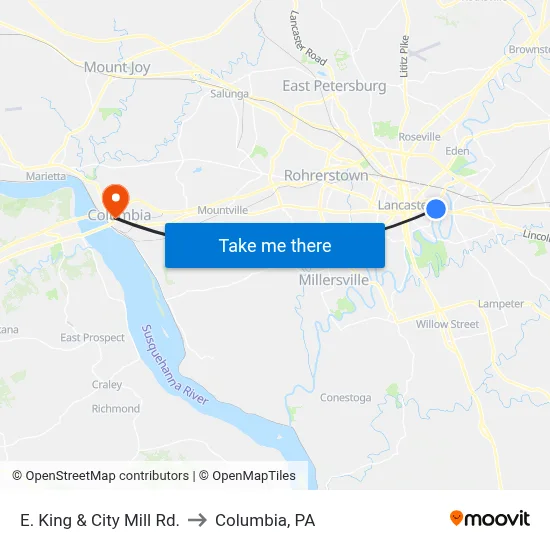 E. King & City Mill Rd. to Columbia, PA map
