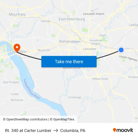 Rt. 340 at Carter Lumber to Columbia, PA map