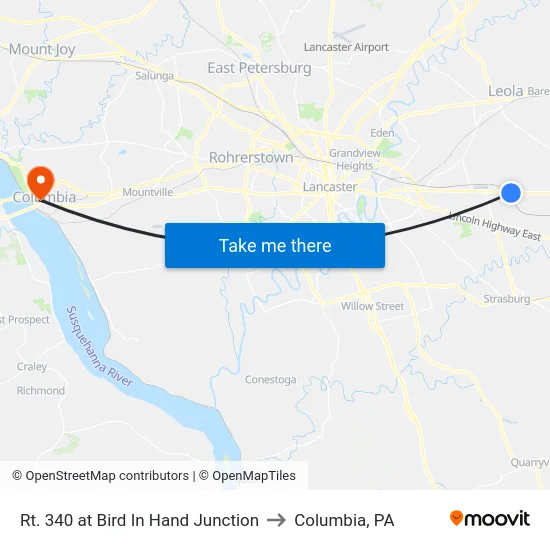 Rt. 340 at Bird In Hand Junction to Columbia, PA map