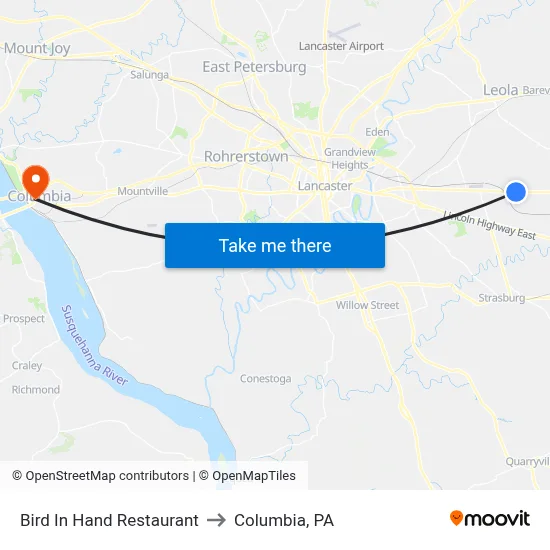 Bird In Hand Restaurant to Columbia, PA map