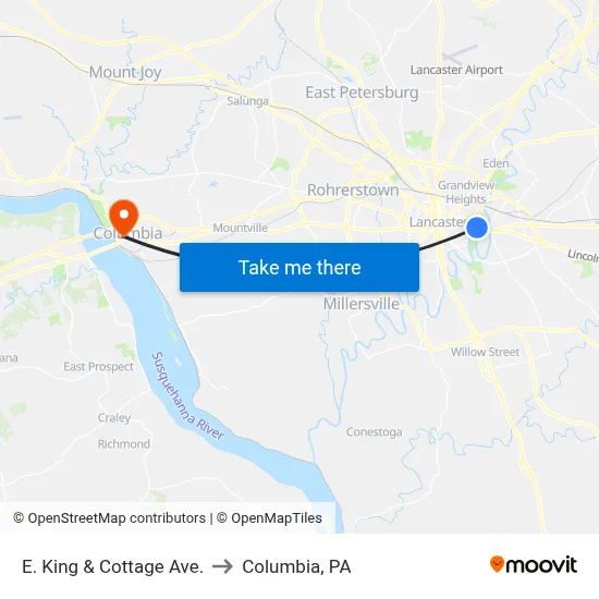 E. King & Cottage Ave. to Columbia, PA map