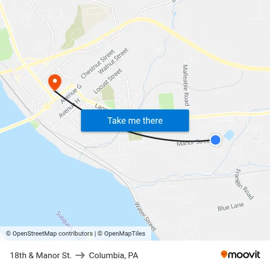 18th & Manor St. to Columbia, PA map
