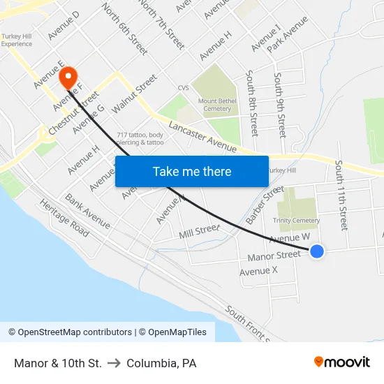 Manor & 10th St. to Columbia, PA map