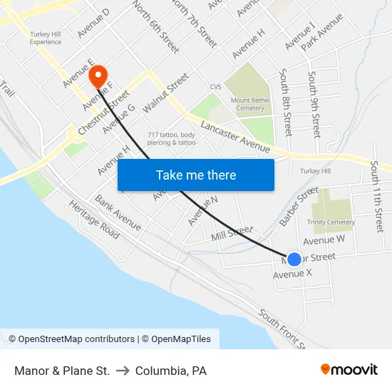 Manor & Plane St. to Columbia, PA map