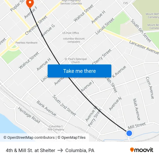 4th & Mill St. at Shelter to Columbia, PA map