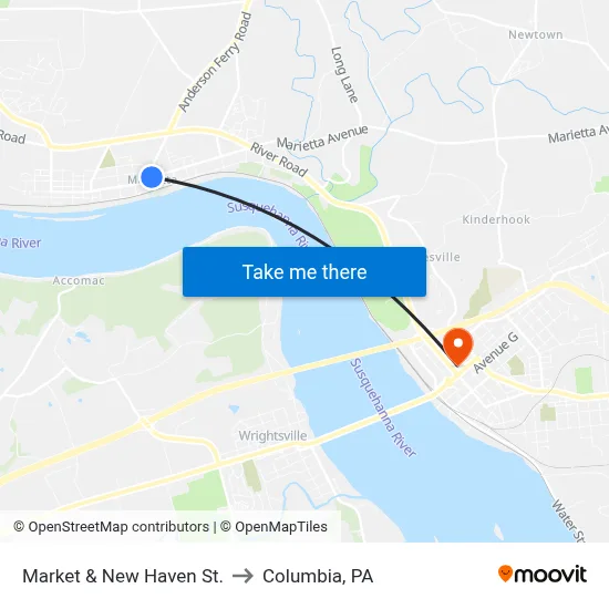 Market & New Haven St. to Columbia, PA map