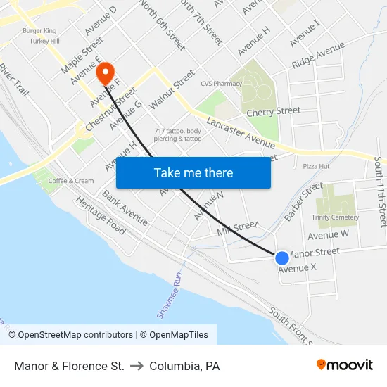 Manor & Florence St. to Columbia, PA map