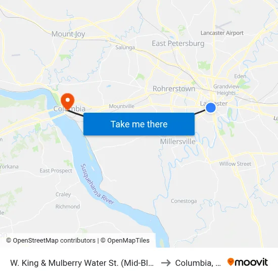 W. King & Mulberry Water St. (Mid-Block) to Columbia, PA map