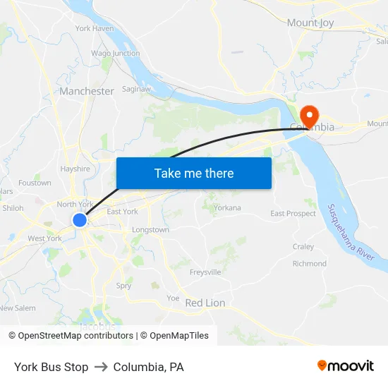 York Bus Stop to Columbia, PA map