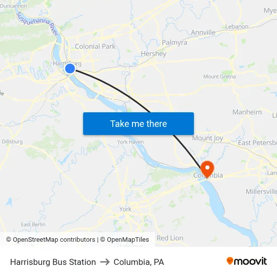 Harrisburg Bus Station to Columbia, PA map