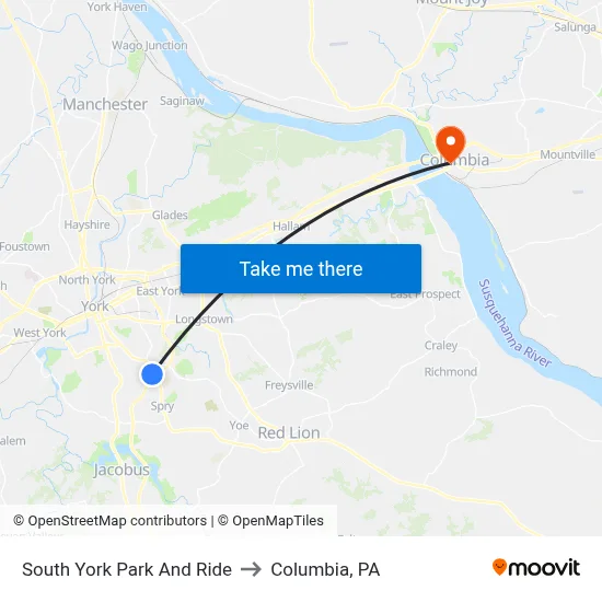 South York Park And Ride to Columbia, PA map
