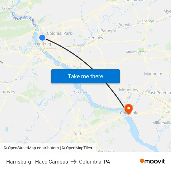 Harrisburg - Hacc Campus to Columbia, PA map