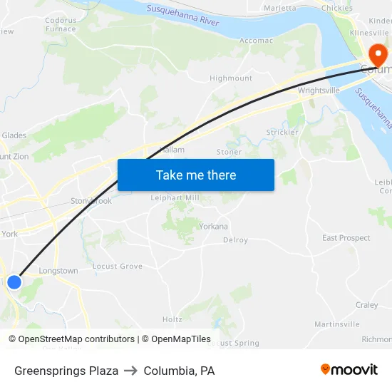 Greensprings Plaza to Columbia, PA map