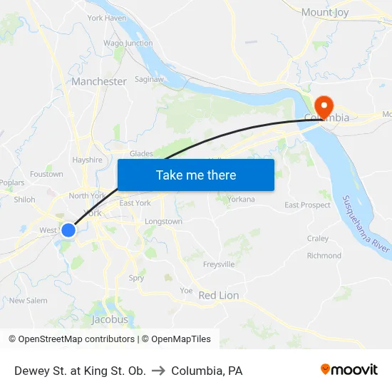 Dewey St. at King St. Ob. to Columbia, PA map