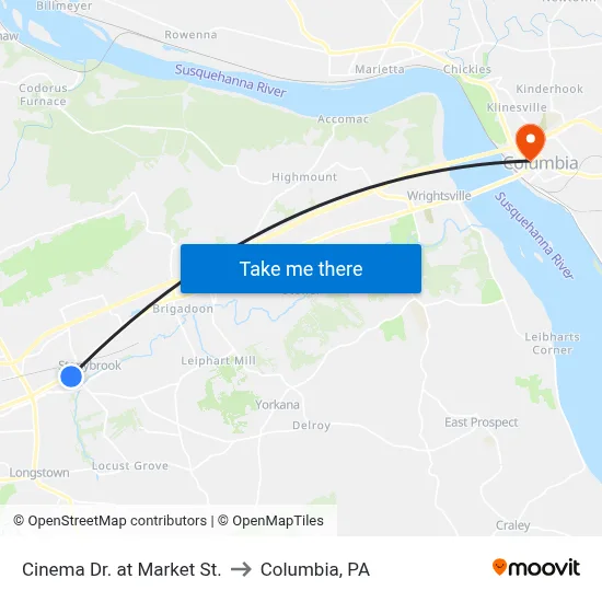 Cinema Dr. at Market St. to Columbia, PA map