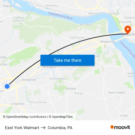 East York Walmart to Columbia, PA map