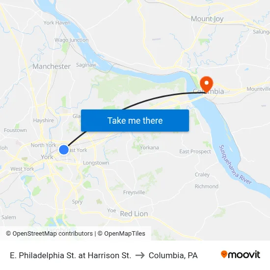 E. Philadelphia St. at Harrison St. to Columbia, PA map