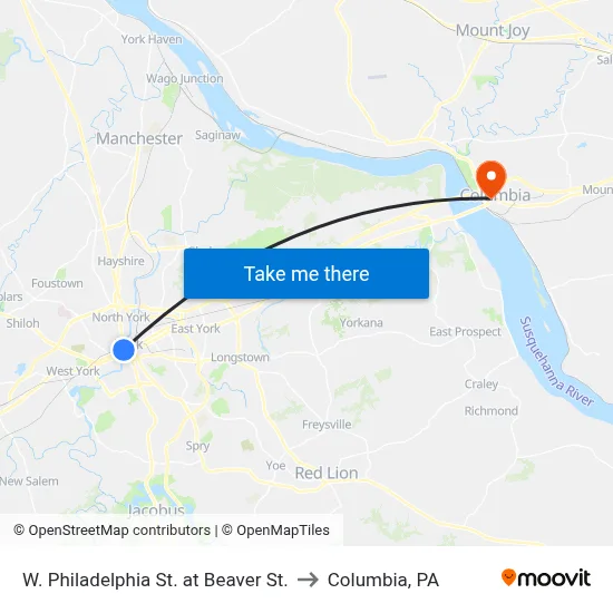W. Philadelphia St. at Beaver St. to Columbia, PA map