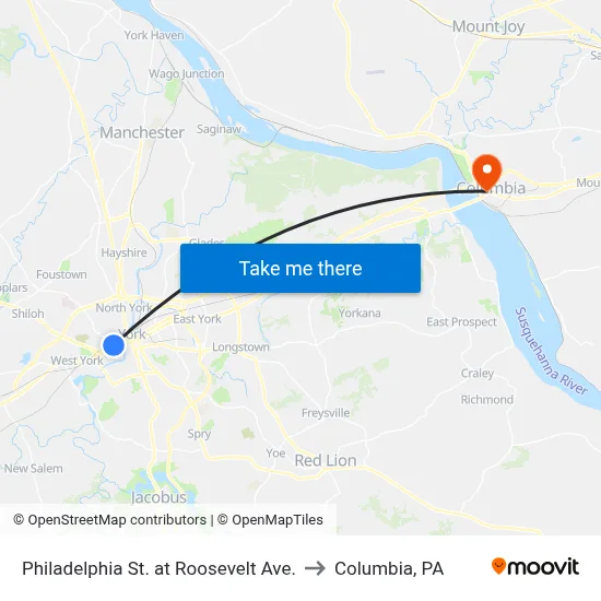 Philadelphia St. at Roosevelt Ave. to Columbia, PA map