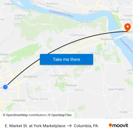 E. Market St. at York Marketplace to Columbia, PA map