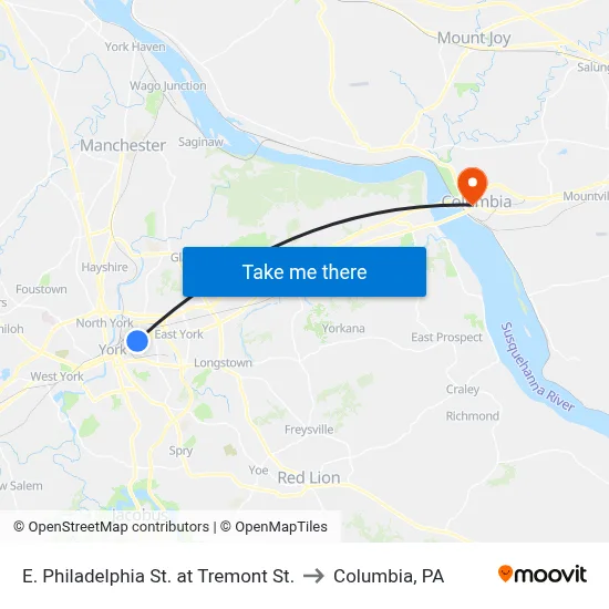 E. Philadelphia St. at Tremont St. to Columbia, PA map