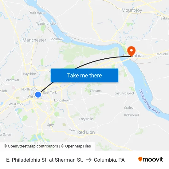 E. Philadelphia St. at Sherman St. to Columbia, PA map