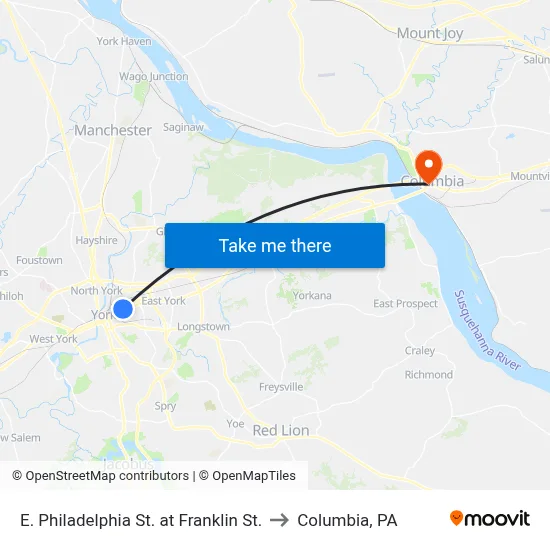 E. Philadelphia St. at Franklin St. to Columbia, PA map