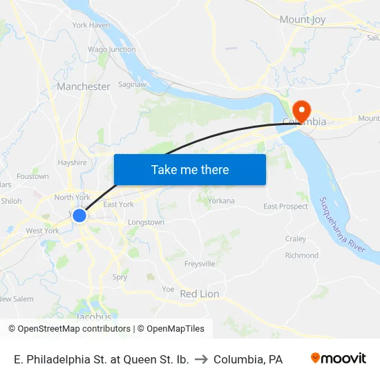 E. Philadelphia St. at Queen St. Ib. to Columbia, PA map