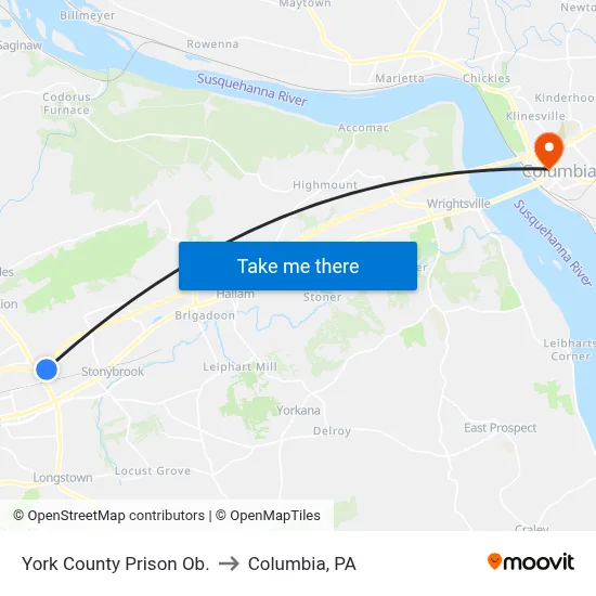 York County Prison Ob. to Columbia, PA map