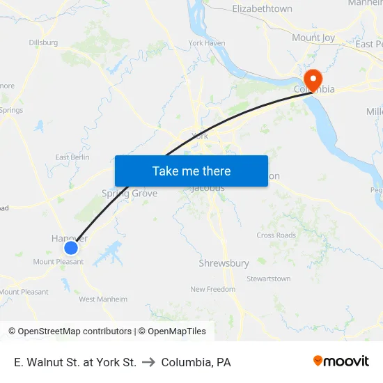 E. Walnut St. at York St. to Columbia, PA map