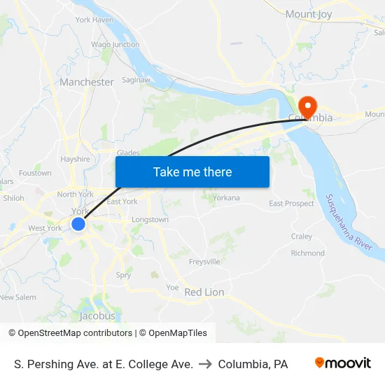 S. Pershing Ave. at E. College Ave. to Columbia, PA map