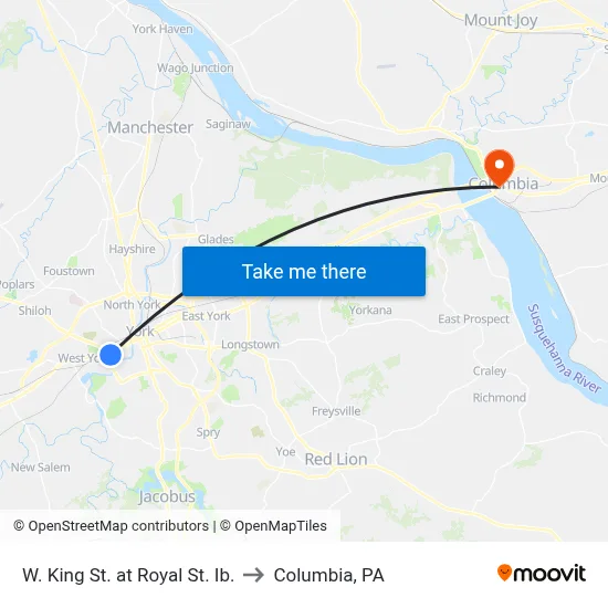 W. King St. at Royal St. Ib. to Columbia, PA map