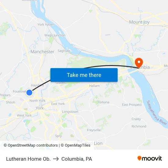 Lutheran Home Ob. to Columbia, PA map
