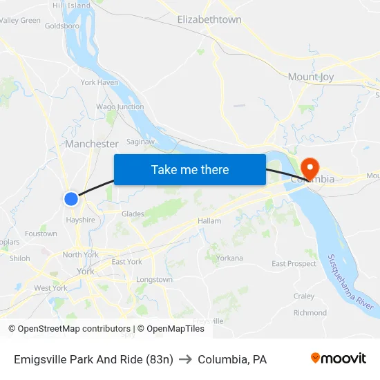 Emigsville Park And Ride (83n) to Columbia, PA map