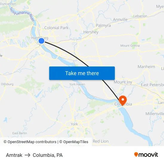 Amtrak to Columbia, PA map