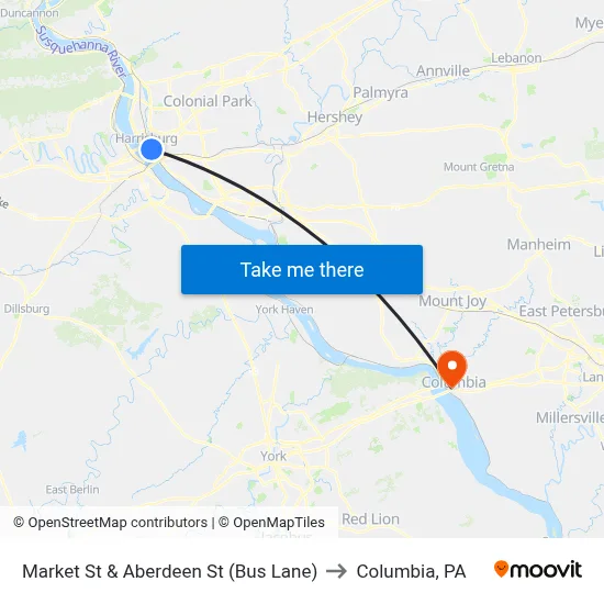 Market St & Aberdeen St (Bus Lane) to Columbia, PA map
