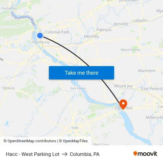 Hacc - West Parking Lot to Columbia, PA map