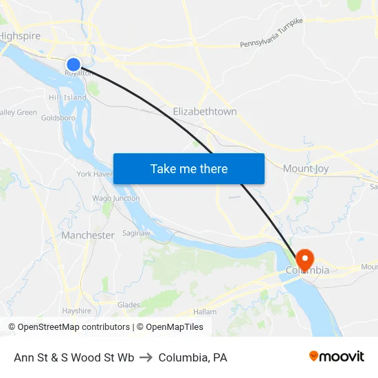 Ann St & S Wood St Wb to Columbia, PA map