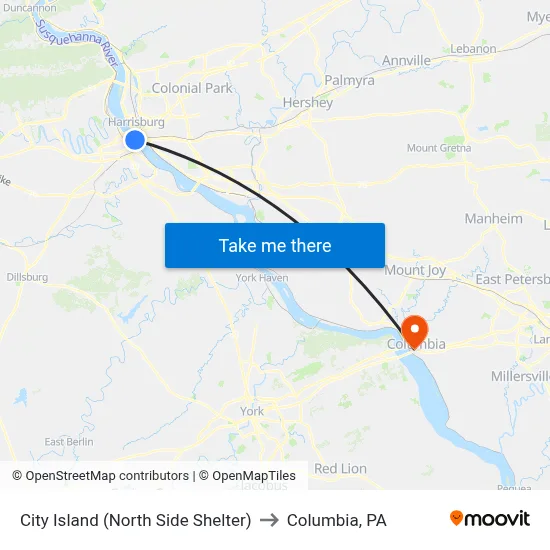 City Island (North Side Shelter) to Columbia, PA map