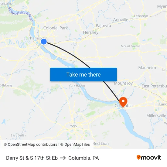 Derry St & S 17th St Eb to Columbia, PA map