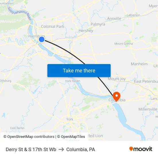 Derry St & S 17th St Wb to Columbia, PA map