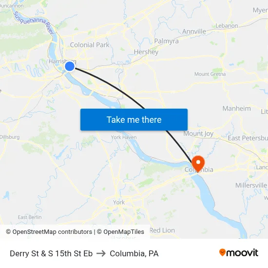 Derry St & S 15th St Eb to Columbia, PA map