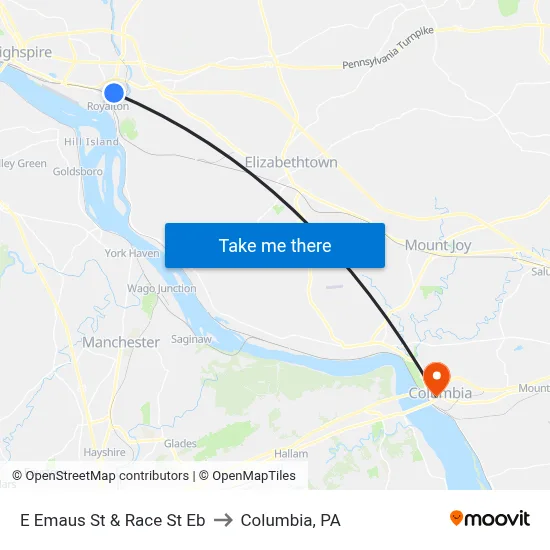 E Emaus St & Race St Eb to Columbia, PA map