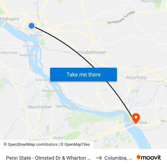 Penn State - Olmsted Dr & Wharton Ave to Columbia, PA map