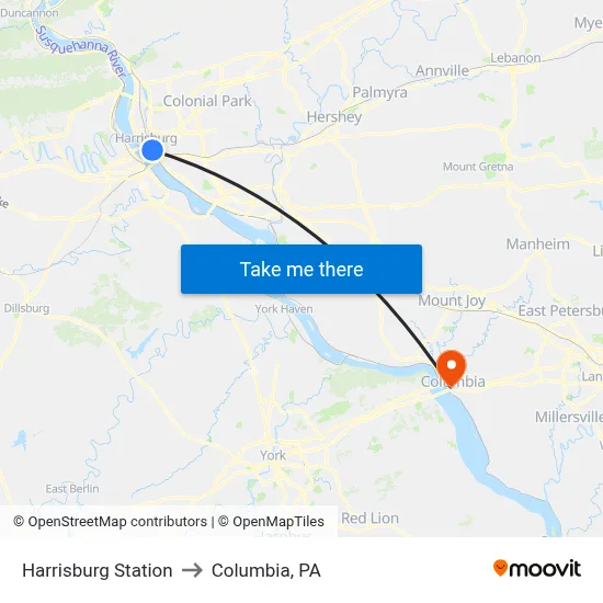 Harrisburg Station to Columbia, PA map