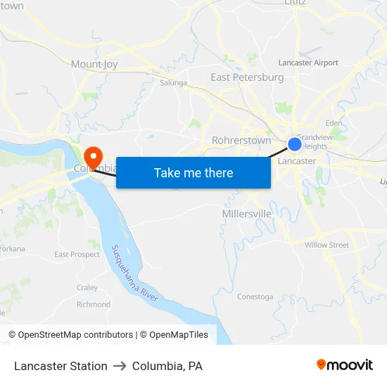 Lancaster Station to Columbia, PA map