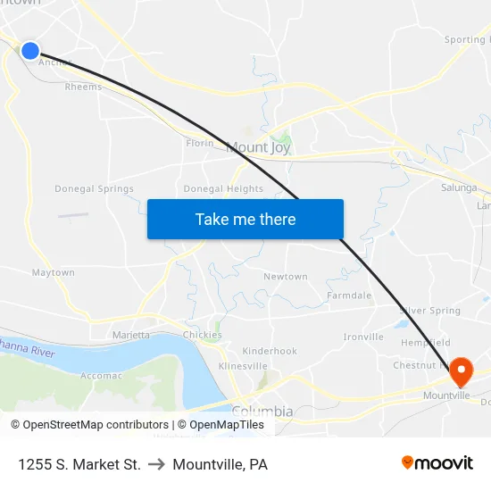 1255 S. Market St. to Mountville, PA map