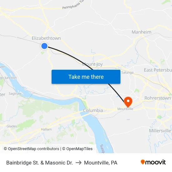 Bainbridge St. & Masonic Dr. to Mountville, PA map