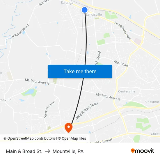 Main & Broad St. to Mountville, PA map